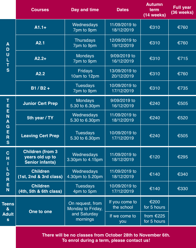 pricing french classes 2019 2020